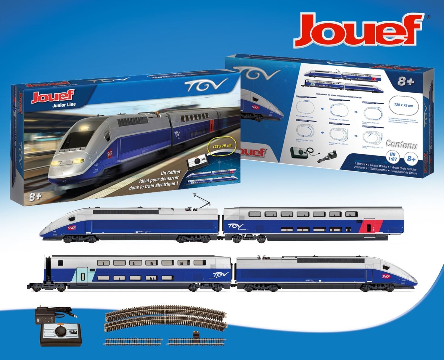 HJ1062 Jouef Junior (H0 1:87), SNCF Infra, starter set with 2-axle diesel  locomotive and 3 wagons, controller, transformer, starter track, track mat
